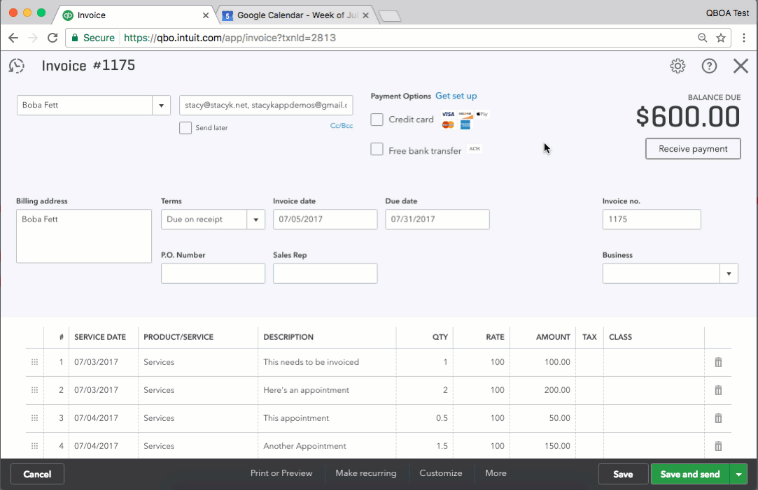 Invoice with Google Calendar App - StacyK