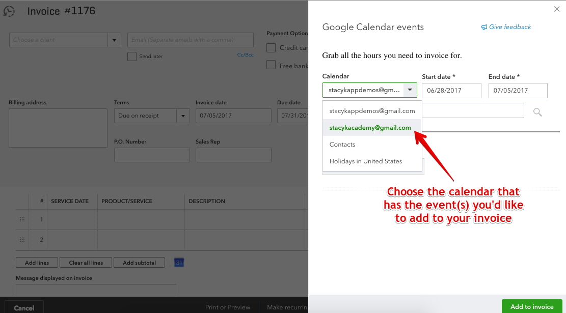 Invoice with Google Calendar - Choose Calendar