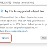 A pop-up window displays an AI-created subject line from QBO, offering options to "Ignore" or "Try it.